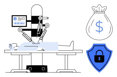 Robot destekli ameliyat, masada hasta, veri ekranı, para çantası ve güvenlik kalkanı. Sağlık, teknoloji, yenilik, ameliyat maliyeti güvenliği için ideal. Basit düz metafor.