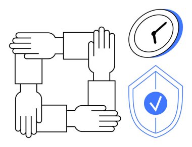 Birbirine kenetlenmiş eller, zaman farkındalığı için bir saat ve güvenlik işaretli bir kalkan eşleştirilmiş takım çalışmasını sembolize eder. İşbirliği, güven, sorumluluk, zaman yönetimi, verimlilik için ideal