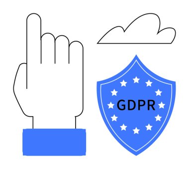 Gösterişli bir el, bulut ve yıldızlı bir GDPR kalkanı içeren minimalist tasarım. Siber güvenlik, yasal uyum, bulut hesaplama, veri güvenliği, dijital haklar, gizlilik koruması için ideal