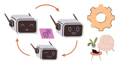 Robotlar verilerini dairesel iş akışında vites simgesi, ok ve rahat çalışma alanı ayarlarıyla değiş tokuş ediyorlar. Takım çalışması, verimlilik, teknoloji, otomasyon, yenilik, yapay zeka için idealdir.