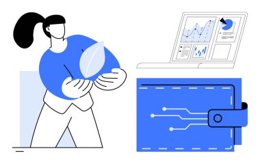 Yaprak ile çevreci farkındalığı sembolize eden bir kadın, finansal teknoloji için dijital cüzdan ve analitik gösteren bir dizüstü bilgisayar. Sürdürülebilirlik, fintech, yeşil finans, yatırım, veri, eko-teknoloji için ideal