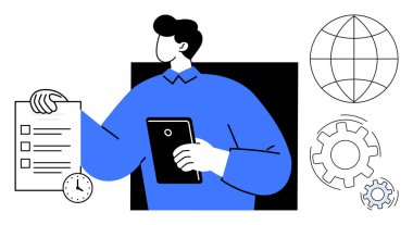 Profesyonel dengeleme listesi, tablet, saat, dünya ve vitesler üretkenlik, zaman yönetimi, proje planlaması, küresel operasyonlar, takım çalışması iş gücü koordinasyonu basit düz