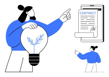 İçinde bitki sembolü olan parlayan bir ampul tutan kadın tabletteki imzalı dijital kontratı işaret ediyor. Yenilik, sürdürülebilirlik, teknoloji, anlaşmalar, yaratıcı çözümler için ideal