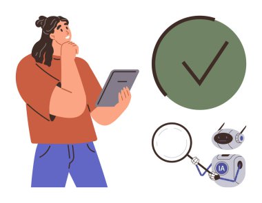 Tablet tutan bir kadın, büyüteç kullanan bir robot, büyük bir işaret. Yapay zeka analizi, teknoloji, karar verme, onaylama, problem çözme araştırmaları için ideal. Basit düz metafor