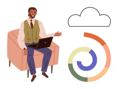 İş adamı bir dizüstü bilgisayar kullanarak koltuğa oturdu, bulut simgesi ve renkli spiral çizelgesiyle. Dijital dönüşüm, bulut hesaplama, analitik, takım çalışması, üretkenlik, teknoloji, yenilik için ideal