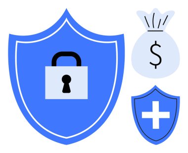 Kilitli kalkan güvenliği simgeliyor, para çantası mali güvenliği simgeliyor ve sağlık korumasını simgeliyor. Siber güvenlik, mali güvenlik, sağlık, mahremiyet, güven, dolandırıcılık için ideal