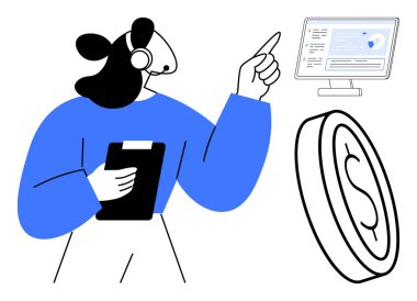 Pano takan profesyonel bir kadın. Kulaklığı para grafiğinin yanındaki bilgisayar ekranındaki verilere bakıyor. İş, finans, destek, ekonomi, danışmanlık, teknoloji eğitimi için ideal. En düşük düz