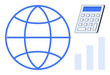 Küre, hesap makinesi ve bar tablosu küresel bağlantıyı, finansal hesaplamaları, ekonomik büyümeyi ve veri analizini sembolize eder. Küresel iş, finans, ekonomi eğitimi istatistikleri için ideal
