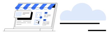 Laptop ekranında e-ticaret vitrinleri, mavi çizgili tenteler, ürün listeleri, bulut simgesi üzerinde. Çevrimiçi alışveriş, bulut çözümleri, e-ticaret, teknoloji, dijital pazarlama SaaS