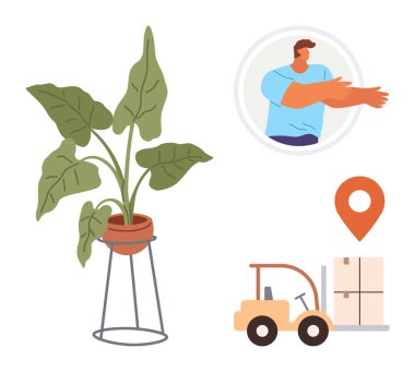 Metal bir standın üzerine saksı bitkisi, kullanıcı profili çemberindeki bir adam, forklift nakliye malları, konum şifresi. Lojistik, sürdürülebilirlik, kullanıcı arayüzü, eko-yaşam ambalaj yönleri için ideal. Basit.