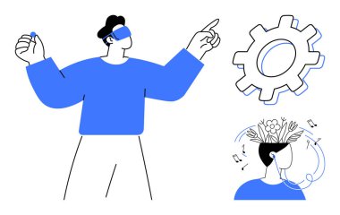 VR kulaklık takan kişi sanal elementlerle etkileşime giriyor, yeniliğin vites sembolü, kafası çiçeklerle dolu. Teknolojik ilerleme, yaratıcılık, yenilik, eğitim, keşif, büyüme için ideal