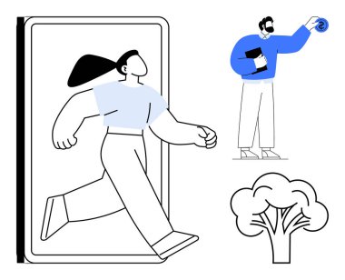 Akıllı telefondan inen büyük bir figür, elinde evrak tutarken dolar işareti tutan bir adam ve yakınlarda bir ağaç. Teknoloji, finans, dijital dönüşüm, büyüme ve iletişim için ideal