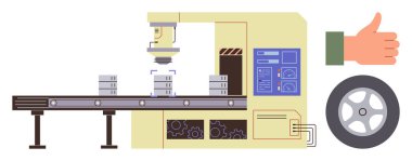 Taşıyıcı, kutuları robot makineler vasıtasıyla onay ve tekerlek simgesi gösteren bir elin yanında taşıyor. Üretim, otomasyon, sanayi, kalite güvencesi, üretkenlik, lojistik, fabrika için ideal