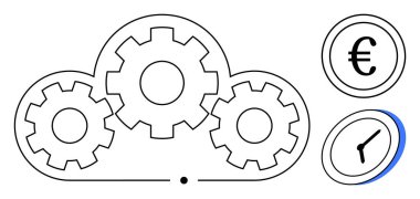 Avro ve saat simgelerinin yanı sıra birbirine bağlı vitesler verimlilik, maliyet tasarrufu ve zaman yönetimini temsil ediyor. Yenilik, teknoloji, otomasyon, bulut çözümleri, iş için ideal