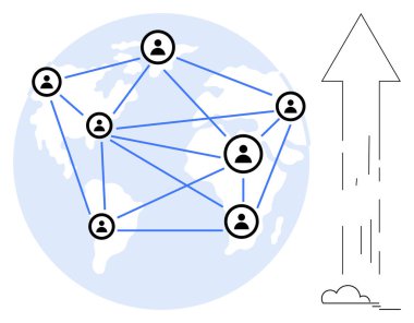 Bir dünya haritası boyunca birbirine bağlı olan insanların simgeleri, büyümeyi, başarıyı ve ilerlemeyi sembolize eden yukarı doğru ok ile tamamlanmış bağlantı, işbirliği ve iletişimi tasvir eder. Ağ kurmak için ideal