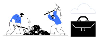 Parlak bir evrak çantası ve bulut sembolüyle birlikte iki işçi kaynaklarını söküyor. Temalar için ideal efor, takım çalışması, iş stratejisi, üretkenlik, hedefler, veri madenciliği, basit