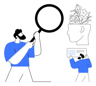 Elinde büyüteç tutan, fikirleri ve yenilikleri araştıran, başını çiçeklerle büyümeyi temsil eden bir kişi ve başka bir figür okuma. Öğrenme, yaratıcılık, büyüme, strateji ve keşif için ideal