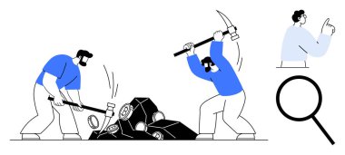 Taşları kırmak için kazma kullanan işçiler, aramayı sembolize eden büyüteç, yukarı bakan analitik figür. Takım çalışması, emek, arama, araştırma, keşif hedefleri araştırması için idealdir. Basit düz