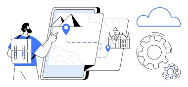 Sırt çantalı, dijital harita kullanarak dağları, kaleyi, vitesi ve bulutu olan seyahat noktalarını vurguluyor. Seyahat, teknoloji, keşif, seyrüsefer, tatil planlama için ideal daire