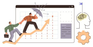 Yükselen bir oka tırmanan iki profesyonel, şemsiyeli bir kalkan. Veri tablosu, beyin ikonu ve ekipmanları içeriyor. Liderlik için ideal, problem çözme, strateji, büyüme başarı takım çalışması