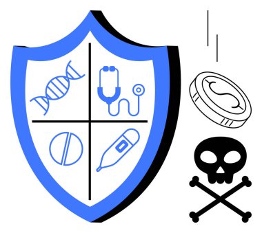 İçinde DNA, steteskop, hap ve termometre olan mavi bir kalkan. İçinde de dışarıda çapraz kemikler var. Sağlık, tıbbi güvenlik, koruma, sigorta, önleme güvenlik savunması için ideal