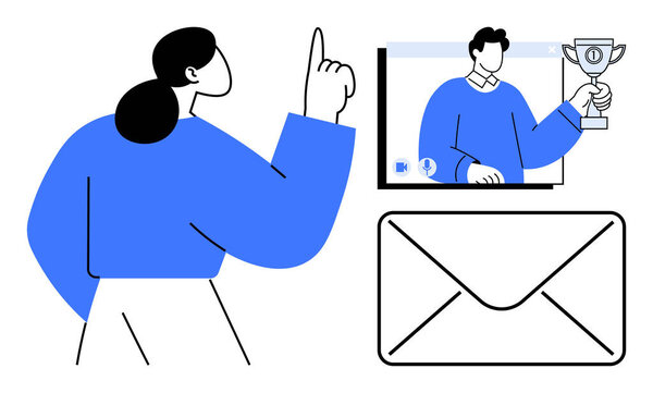 Человек, указывающий на экран, показывающий фигуру, держащую трофей, символизирующий виртуальное признание. Ближайший конверт означает общение. Идеально подходит для командной работы, лидерства, общения, успеха, удаленного управления