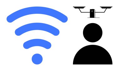 Güvenlik kamerası ve mavi kablosuz sembol altında güvenlik, bağlantı, gizlilik, teknoloji, ağ izleme ve dijital etik temalarını vurgulayan siyah figür. Basit bir düz metafor.