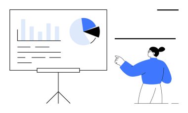 Verileri bar tablosu, pasta grafiği ve metin ile birlikte stantlı bir tahtada sunan kişi. Sunumlar, analitik, eğitim, takım çalışması, karar verme, liderlik için ideal basit düz metafor