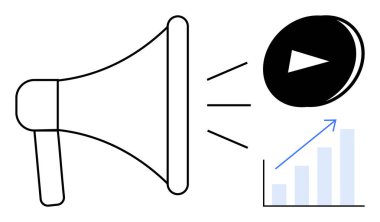 Megafon yansıtma ses dalgaları, medyayı simgeleyen çalma düğmesi ve yükselen bir bar tablosu. Pazarlama, reklam, sosyal medya, promosyon, iş büyümesi, veri analizi için ideal basit düz