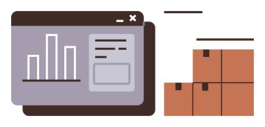 Analitik gösterge paneli istiflenmiş kutuların yanında bar çizelgeleri ve sipariş ayrıntılarını gösteriyor. Lojistik, envanter takibi, e-ticaret, iş operasyonları, nakliyat, depo organizasyonu için ideal.