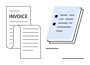 Bir rulo üzerinde fatura ve maddi yönetim, kayıt tutma, fatura ve organizasyonu sembolize eden maddeyle doldurulmuş belgeler. Muhasebe, ofis işleri, finans, iş için ideal