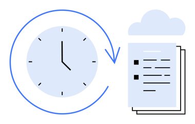 Yığınla belge ve bulut ile çevrili mavi saat. Veri kurtarma, bulut depolama, organizasyon, verimlilik, verimlilik, programlama ve güvenlik için ideal. Basit düz metafor