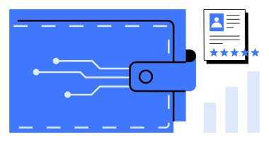 Devre tasarımlı dijital cüzdan, yıldız reytingli kullanıcı profili belgesi ve teknoloji, finans, kimlik doğrulama ve çevrimiçi güvenliği temsil eden bar grafiği. Fintech ve dijital için ideal