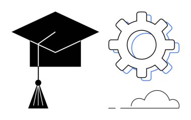 Eğitimi, yeniliği, teknolojiyi, gelişimi, kariyer gelişimini, bilgi paylaşımını ve fırsatları temsil eden bir vites ve bulut anahatının yanında mezuniyet şapkası. BTMM e-öğrenimi ya da teknoloji için ideal