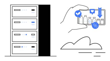El, veri sunucuları ve bir bulutun yanında online şişe alışverişi için akıllı telefon kullanıyor. E-ticaret, çevrimiçi pazarlama, bulut depolama, veri işleme, perakende trendleri için ideal