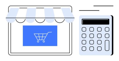 Hesap makinesinin yanında tente ve alışveriş arabası simgesi bulunan mağaza önü, e-ticareti, çevrimiçi alışveriş, bütçe planlaması, dijital ödemeler, perakende yönetimi ve iş stratejisini simgeliyor