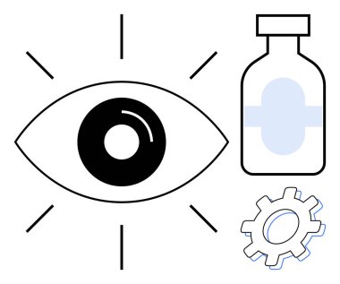 Işıldayan çizgileri, tıbbi şişesi ve görme sağlığını, ilaçlarını ve teknolojik gelişmeleri simgeleyen teçhizatı olan bir göz. Sağlık, yenilik, tıp, göz bilimi araştırmaları için ideal
