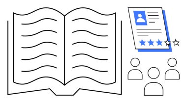 Minimalist insanların ikonlarının yanında yıldız reytingleri olan açık kitap ve profil belgesi. Eğitim, adam toplama, kariyer geliştirme, değerlendirme, takım çalışması, okuma ve öğrenme için idealdir. Basit düz metafor