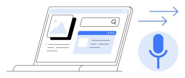 Web arama arayüzü, görüntü önizlemesi, mikrofon simgesi ve ses aramasını sembolize eden oklarla dizüstü bilgisayarı aç. Teknoloji, yenilik, yapay zeka, UIUX erişilebilirlik otomasyonu için ideal. Basit düz