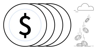 Buluttan düşen bozuk paraların yanında dolar işareti de vardı. Finans, yatırım, tasarruf, sermaye, ekonomi, gelir ve nakit akışı için ideal. Basit düz metafor