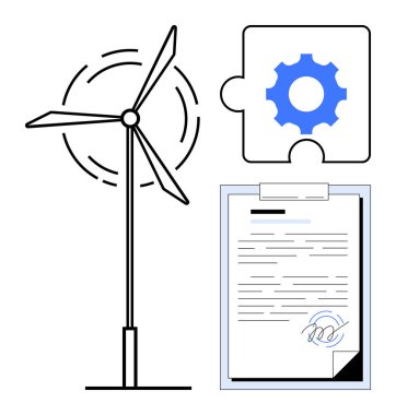 Dönen bıçaklı rüzgar türbini, panoya imzalı bir bant, bulmaca parçasında teçhizat. Yenilenebilir enerji, sürdürülebilirlik, sözleşmeler, yenilik, ekoloji, ortaklıklar için ideal çevre