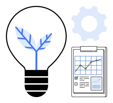 Yapraklı ampul, büyüme grafikli pano ve teçhizat. Yenilik, ekoloji, büyüme, strateji, veri analizi iş planlama ve sürdürülebilir kalkınma için idealdir. Basit düz metafor