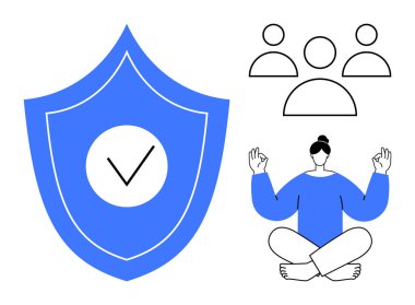 İşaretli mavi kalkan, Lotus pozisyonunda meditasyon yapan kişi, üç kişilik bir grup. Sağlık, farkındalık, güvenlik, takım oluşturma, işbirliği güvenliği için ideal. Basit düz