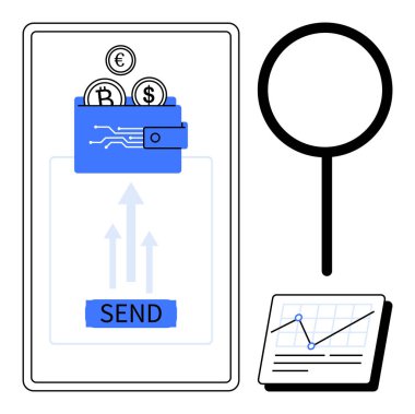 Şifreli paralı mobil uygulama cüzdanı, gönderme tuşu, büyüteç ve veri tablosu. Fintech, kripto para birimi, blok zinciri, analitik, işlem dijital ekonomi finans için ideal