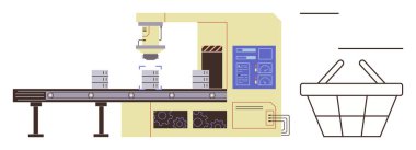 Taşıyıcı banttaki robot makine parçaları sepete doğru işliyor, otomasyon ve verimlilik gösteriliyor. Üretim, yenilik, otomasyon, üretim, endüstri, robotik, teknoloji için ideal