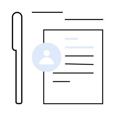 Profil avatarı ve metin satırlarının yer aldığı, form, kayıt ve kimliklerin vurgulandığı bir belgeyle birlikte kalem. İşe alım, kayıt, sözleşmeler, veri girişi, kişisel bilgiler için ideal