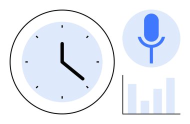 Zamanı gösteren saat, ses ya da kaydı sembolize eden mikrofon ve veri analizini temsil eden çubuk grafik. Üretkenlik, iletişim, analitik, zaman yönetimi, dijital araçlar için ideal