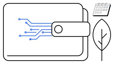 Mavi teknoloji devreli siber cüzdan, planlama takvimi ve çevre dostu yaprak sembolü. Finans, sürdürülebilirlik, zamanlama, dijital dönüşüm, fintech, yenilenebilir enerji için ideal