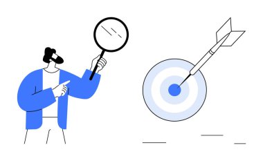 Elinde büyüteç olan kişi okçuluk hedefine okla odaklanıyor. Strateji, araştırma, hassasiyet, iş hedefleri, başarı analizi, başarı, problem çözme için idealdir. Basit düz metafor