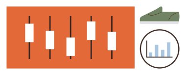 Beş veri noktasıyla şamdan şeması, piyasa ürünlerini temsil eden ayakkabı şekli ve analiz için dairesel çubuk grafiği. Finans, borsa, strateji, perakende, trendler ve pazarlama için ideal